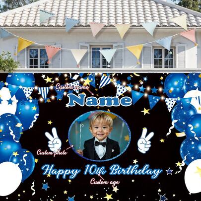 One Custom Portrait, Name, And Age Birthday Party Banner, Made Of Polyester, Featuring A Happy Party Pattern Photo Backdrop. Personalized Happy Birthday Banner Suitable For Cake Tables, Homes, Outdoor Patios, And Signage Decorations.