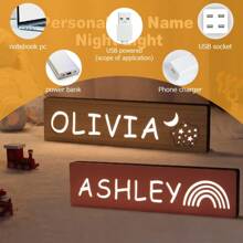 1pc Premium Customized Wooden Name Light, Customizable Name, Customized Gift With Adorable Small Pattern, USB Powered LED Light, Ideal For Room, Living Room Decor, Unique Customized Gift For Birthday, Children's Day, Independence Day, Mother's Day, Father's Day, Anniversary, Christmas Back To School