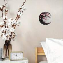 1 Peça Arte de Parede de Madeira em Forma de Lua de 8x8 Polegadas com Design de Flor de Cerejeira Elegante - Design de Flor Rosa e Lua Crescente com Detalhes Dourados, Ideal para Decoração de Casa Moderna ou Estilo Japonês