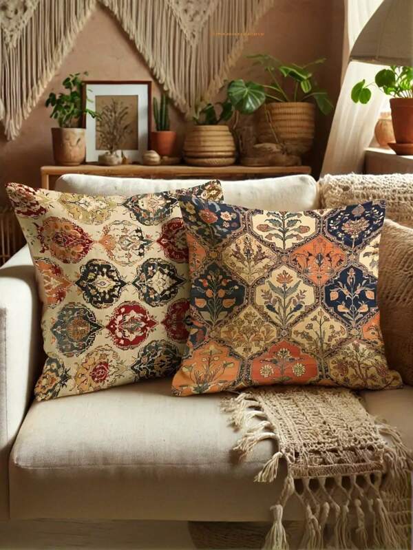 4pcs Pattern Throw Pillow Covers Bohemian Vintage Beige Red Orange Comfortable Soft Decorative Pillow Covers, Zipper Closure Cushion Covers, Machine Washable, Suitable For Living Room Sofa Bed Bedroom, Room Decoration, Single Side Printing Without Pillow Core, Available In Three Sizes