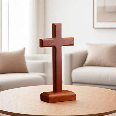 Adorno de Pascua de madera en forma de cruz para escritorio. Decoración artesanal para el hogar.