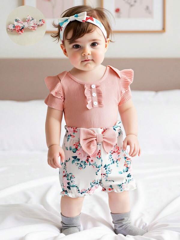 Baby Girl Summer Outfits Solid Color Round Neck Short Sleeve Romper Floral/Cow Print Shorts Headband 3Pcs Clothes Set
