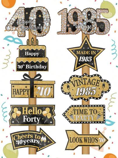 10Pcs Black Gold 40th Birthday Welcome Sign Set,1985 Vintage Happy 40th Birthday Sign Decor,Birthday Party Photo Booth Props,Birthday Celebration Decorations,Backdrop Decor,Home Decor,Wall Decor,Holiday Party Supplies,Celebrations Background Decorations