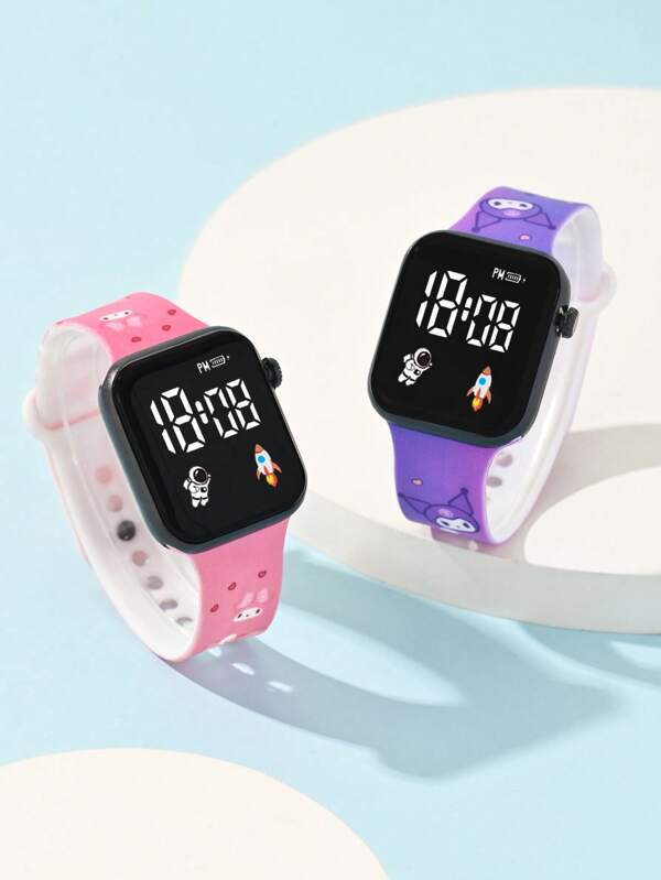 Sanrio 2pcs Children's Cartoon Astronaut And Rocket Design LED Square Digital Electronic Watch, Suitable For Wearing And Gifting