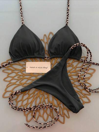 2 pezzi Bikini da donna sexy con stampa leopardo e lacci alla scollatura