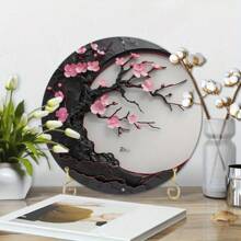 1 Peça Arte de Parede de Madeira em Forma de Lua de 8x8 Polegadas com Design de Flor de Cerejeira Elegante - Design de Flor Rosa e Lua Crescente com Detalhes Dourados, Ideal para Decoração de Casa Moderna ou Estilo Japonês