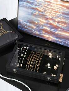 4/1pc 3-In-1 Necklace Jewelry Storage Box With Transparent Cover, Earring Accessory Packaging Box, Jewelry Display Dust-Proof Box With Glass Lid, Ring Box, Earring Jewelry Tray, Minimalist Velvet Ring Box With Clear Cover - 3 In 1 Storage Box - View 5