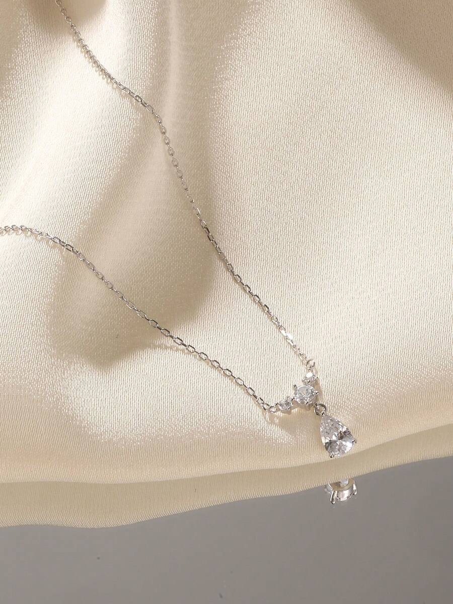 1pc Elegant, Luxurious And Versatile Cubic Zirconia S925 Sterling Silver Water Drop Necklace, Jewelry Gift Box Set, Suitable For Women Everyday Wear, Gift For Occasions Like Holidays, Music Festivals, Parties, Beach Vacations - Silver - View 1