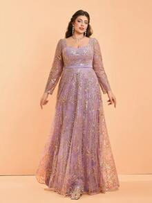 Plus Size Mgiacy Sweetheart Neck Haftowane Cekiny Koraliki Długi Rękaw A-Line Formalna Suknia Wieczorowa, Sukienka Imprezowa, Dla Gości Weselnych - Wrzosowy - Zobacz 5