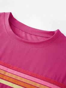 Workout Sets For Women 2 Piece Contrast Color Round Neck Short Sleeve Tops Elastic Waist Shorts Tracksuit Gym Yoga Outfits - Hot Pink - View 6