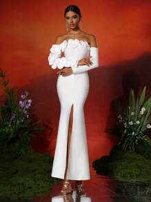 Love Aing LOVE Aing Women's Handmade 3D Floral Strapless Long Sleeve Split Hem Sexy Bandage Cocktail Dress, Elegant For Prom, Semi-Formal Wedding Guest Attire, Suitable For Birthday, Graduation, Banquet, Homecoming
