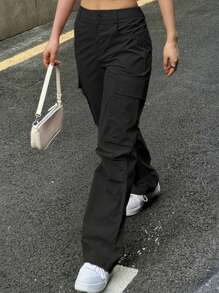 Pantalones cargo de pierna recta minimalistas de color liso informal