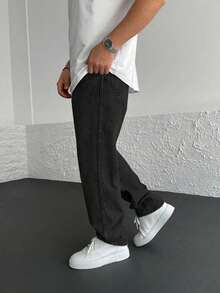 Premium Minimalist Versatile Straight-Leg Washed Jeans With Drawstring Elastic Waist, Casual Pants For All Seasons - Black - View 3