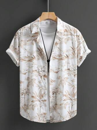 Men's Turndown Collar Button Front Tropical Plants Print Summer Casual Short Sleeve Shirt