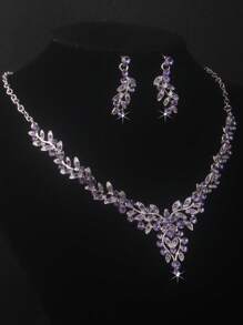Hochwertiges Braut-Accessoire-Set für Frauen - Halskette, Ohrringe, Brautschmuck für Hochzeit, Bankett, Party, lila, blaues, rotes Halskette- und Ohrringe-Set