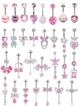 1 件不锈钢肚脐环，防过敏可爱粉色 CZ 心形扣，女士肚脐穿孔首饰