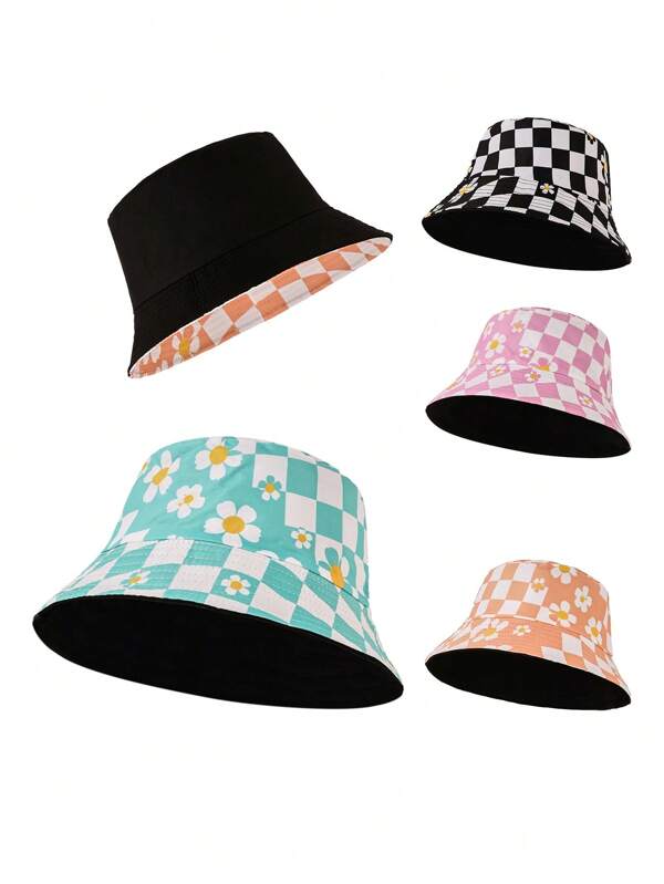 1 pieza Sombrero de cubo reversible de poliéster a cuadros con protección UV, decorativo, de moda y versátil para todo el año