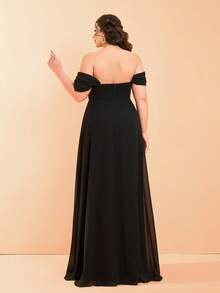 Mgiacy New Arrival Off Shoulder Plus Size Romantic Bridesmaid Dress Ruched Ruffle Chiffon Long Dress - Black - View 2