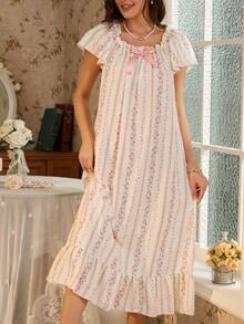 RS Pajama1 Ladies Stripe Floral Printed Ruffle Hem Bow Accent Sleep Dress - Beige - View 2