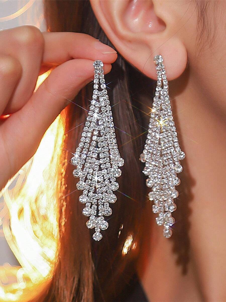 1 Pair Silver-Plated Fashion Tassel & Rhinestone Earrings Set, Suitable For Women Wedding Party Events - Silver - View 1