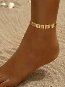 1pc Stainless Steel 18K Gold Plated Chain Design Bracelet/Anklet, Fashionable & Elegant, Suitable For Beach, Travel, Daily Wear - Gold - View 1