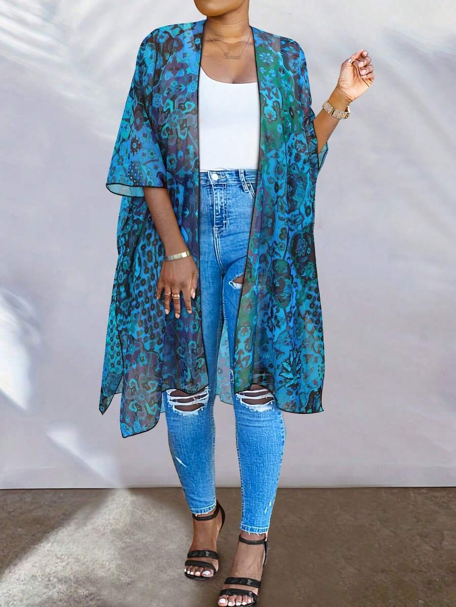 Plus Size Women Allover Floral Print Cover Up Open Front Kimono Vacation Beach - View 1