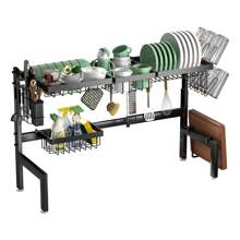 Escurreplatos ajustable de 2 niveles (66-85 cm) para sobre el fregadero, secador de platos de acero inoxidable con soporte para tabla de cortar, gran escurridor de platos para organizar el espacio en la encimera de la cocina