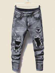 Distressed Elastic Denim Jeans For Teenagers, Fashion Style - Dark Grey - View 1