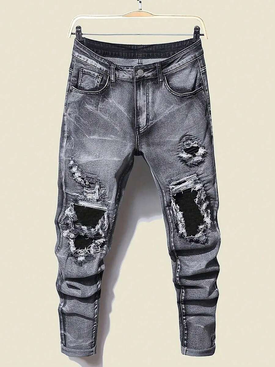 Distressed Elastic Denim Jeans For Teenagers, Fashion Style - Dark Grey - View 1