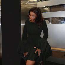 Nuevo vestido elegante y entallado con cuello redondo, mangas abullonadas y bajo con volantes, para mujer, otoño - Negro - Ver 2