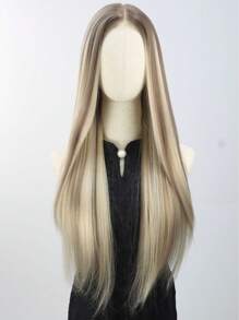 SALLYWELL Parrucca frontale senza colla con radice scura, parrucca frontale in pizzo biondo da 7x5 pollici, parrucca frontale in pizzo lunga dritta sintetica sfumata marrone mista da 66 cm con riga centrale profonda di 12,7 cm per donna