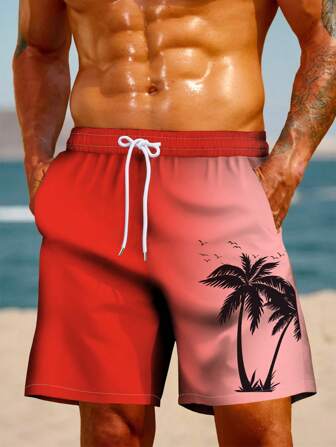 Gradient Hawaiian Palm Tree för män 3D digitaltryck Casual strandshorts med dragsko, utan foder, lämplig för semester och fritid utomhus