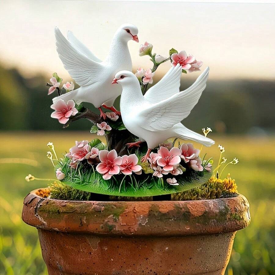 2 palomas planas de decoración de jardín hechas de acrílico con estacas de madera, adecuadas para letreros de arte de jardín, paisajismo, decoración de escenas, y se pueden insertar en céspedes, jardines o macetas como decoración exterior versátil.