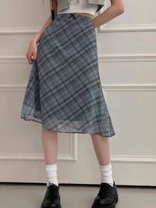 Women 2025 Korean Chic Spring New Arrival Vintage French Gingham Check Plaid Skirt - Blue Plaid - View 3
