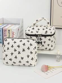1 Black & White Color Matching Cosmetic Bag With Bow Pattern, Multifunctional Makeup Storage Bag