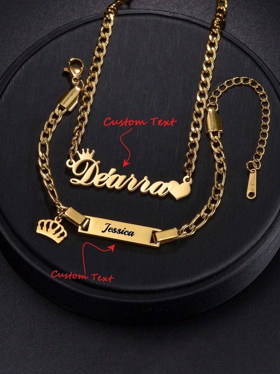 1Set Customized Name Necklace Bracelet Set, 18K Gold Plated Stainless Steel Jewelry For Girls, Graduation Gift, Class Of 2026 - Gold - View 1