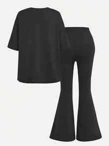 2 Pieces Teen Girls Cute Cherry Set, Graphic Tee And Flare Pants With Slogan Print, Whimsical For Party/Casual Wear - Black - View 3