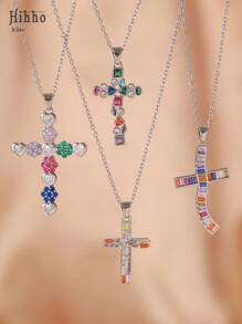 Hihho 1 pièce Collier pendentif croix élégant à la mode avec incrustation de zirconium coloré de style européen et américain, collier ras-de-cou en acier inoxydable, cadeau de festival (couleurs de zirconium disposées de manière aléatoire)