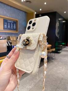 1 Stück Silber Perlen & Platin Schlüsselband Kartenhalter + 1 Stück beige gerade Kante Engelsauge Perforation stoßfeste tragbare Handyhülle, kompatibel mit Apple/Redmi/OPPO/VIVO/Realme, internationale Version, nicht die Inlandsversion - Beige - Übersicht 4