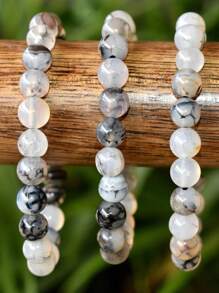 YAUKIA Bracelet de perles en agate à veine de dragon, bracelet de pierres de guérison pour la force, le courage et la protection, bracelet de perles rondes lisses de 6 mm et 8 mm, cadeau de bijoux