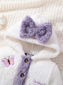 Comfortable And Cute Baby Girl Butterfly Embroidery Color Patch Bow Tie Details Hooded Teddy Bear Jumpsuit, Soft, Comfortable, Warm