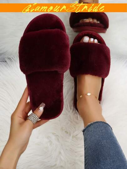 Open Toe Burgundy Slippers, Flat Fuzzy House Slippers