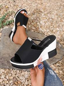 2026夏季新款厚底坡跟女凉鞋，套脚百搭户外凉鞋，时尚休闲高跟女凉鞋，女士拖鞋，女鞋，大学生鞋，休闲度假沙滩拖鞋 - 黑色 - 查看 3