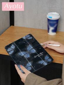 Ayotu 1 件蓝色蝴蝶图案保护壳适用于 iPad 10.2 英寸 2021/2020 iPad 9/8 代、iPad (A16) 11 英寸 11 代 2025、Galaxy Tab A8 10.5 英寸 2022，带笔架和自动睡眠/唤醒保护套 - 彩色 - 查看 3