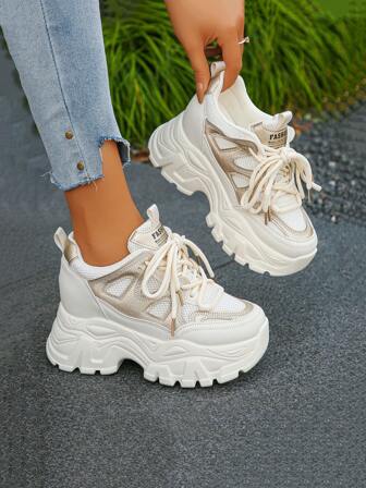 Beige 8cm High Heel Summer Mesh Breathable Sneakers, 2025 New Style Thick Sole Platform Casual Shoes For Women