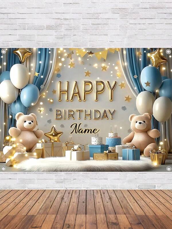 1 Pc Customizable Name Birthday Party Banner, Polyester Cute Bear Blue Curtains Gift Pattern Photography Background, Personalized Name Birthday Banner For Home Wall Cake Tabletop Decorating Supplies, 3 Sizes Available,Multi-Functional,Ornamental,Letter,Stylish,Modern,Colorful,Cute,Adorable,Casual,Custom,Personalised,Unique,Customized,Ideal Gifts For Him,Ideal Gifts For Her