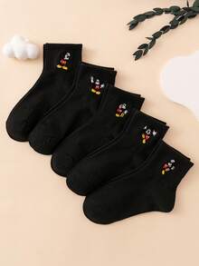 5 Pairs Cartoon Character Embroidered Crew Socks In Black, Cute & Fun Dance Pattern, European Size, Breathable , Suitable For Everyday Wear, Premium Fabric, Non-Sweating - Black - View 1