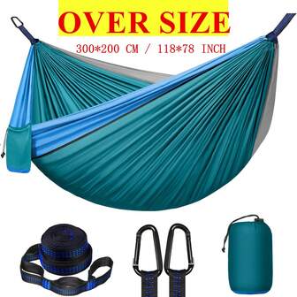 3 Meters X 2m (300*200cm) 2-Person Camping Hammock, Includes 2 Tree Straps, 2 Stainless Steel D-Rings, And 1 Storage Bag, Portable Hammock Made Of 210T Nylon, Durable Double Hammock Easy To Install, Suitable For Camping, Beach, Hiking, Outdoor