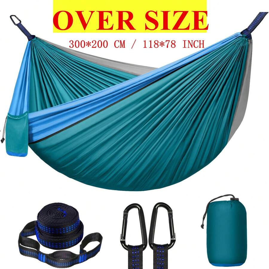 2 Person Camping Hammock, 3 Meters Long X 2m Wide (300*200cm), Includes 2 X 2.5m Tree Straps, 2 Heavy Duty Stainless Steel Carabiners, And 1 Storage Bag, 8 Loops Per Tree Strap, Portable Hammock Made Of 210T Parachute Fabric. Double Hammock, Easy To Install, Suitable For Camping, Beach, Hiking, Outdoor