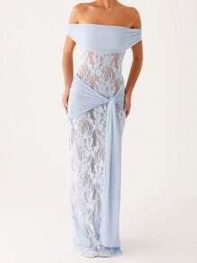 Vestido largo de noche para mujer, manga corta, hombros descubiertos, sin tirantes, anudado, ajustado, de encaje. - Azul - Ver 6